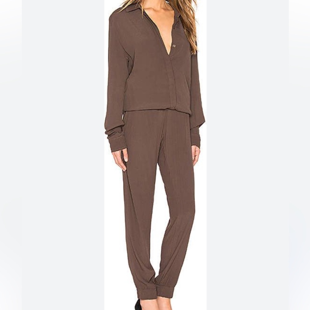 Monrow Crepe Long Sleeve Jumpsuit in Brown